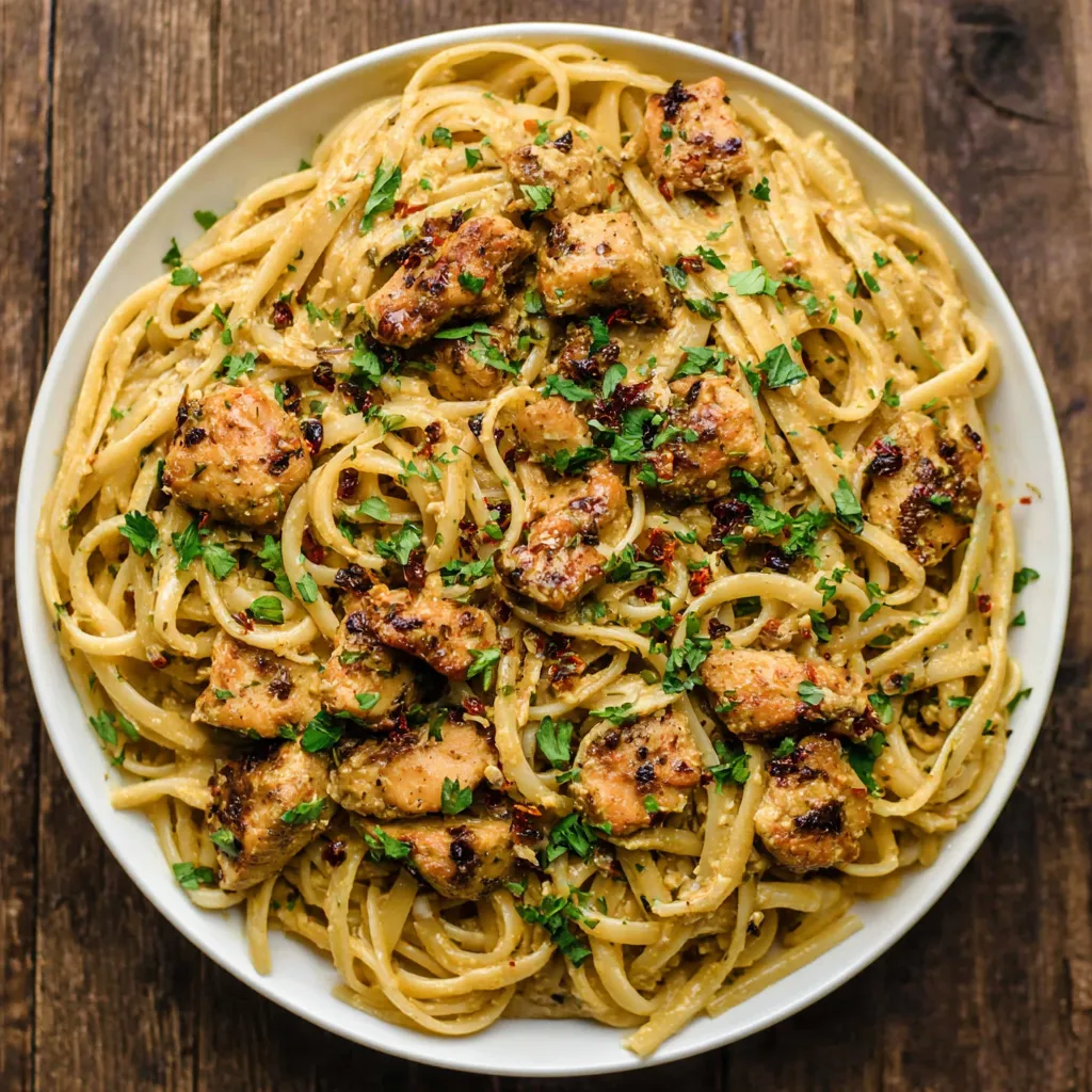 Cowboy Butter Chicken Linguine Close-Up Close-up shot showcasing a delicious plate of Cowboy Butter Chicken Linguine, highlighting the creamy sauce and perfectly cooked chicken.