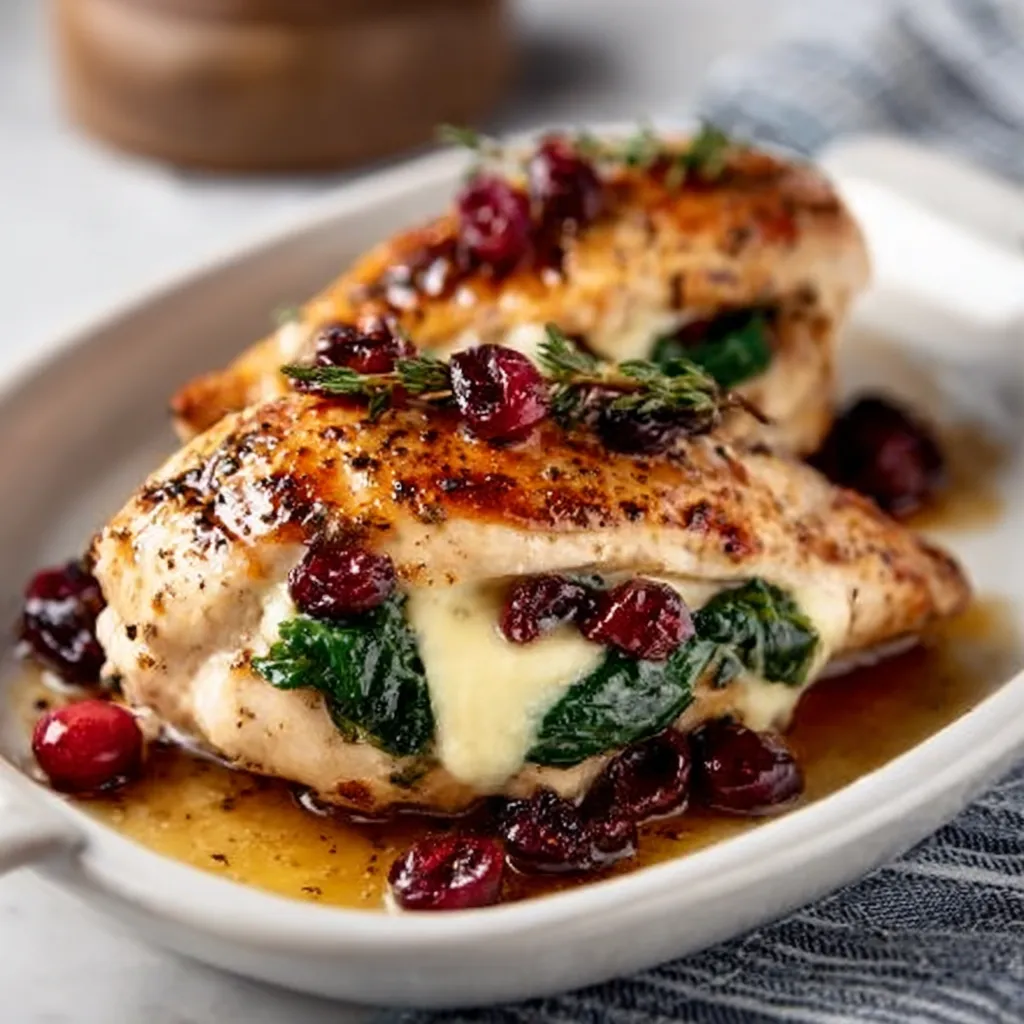 Spinach Cranberry Stuffed Chicken Recipe Close-up shows a baked Cranberry Spinach Stuffed Chicken breast, showcasing the vibrant colors of the cranberry and spinach filling.