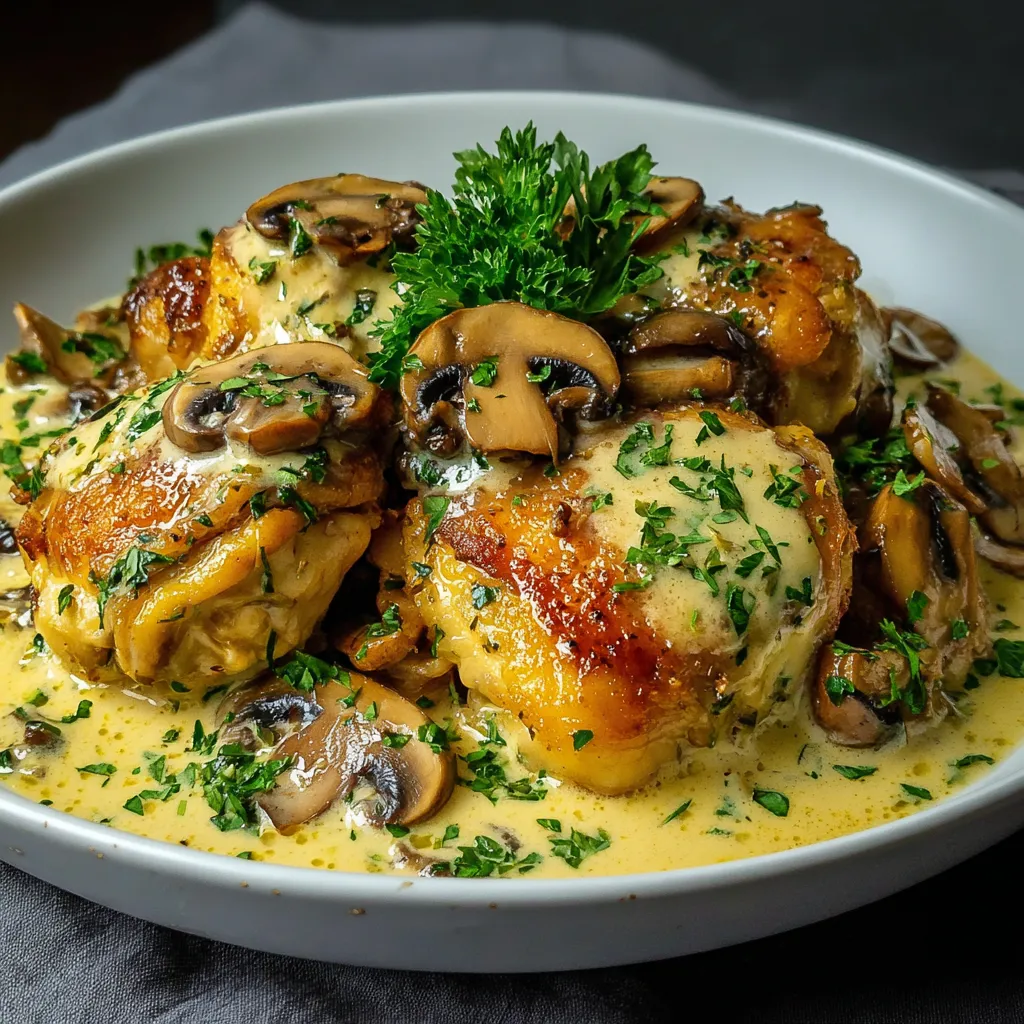Creamy Garlic Mushroom Chicken Thighs Creamy Garlic Mushroom Chicken Thighs are pictured in a close-up shot, showcasing the dish's creamy sauce and savory mushrooms.