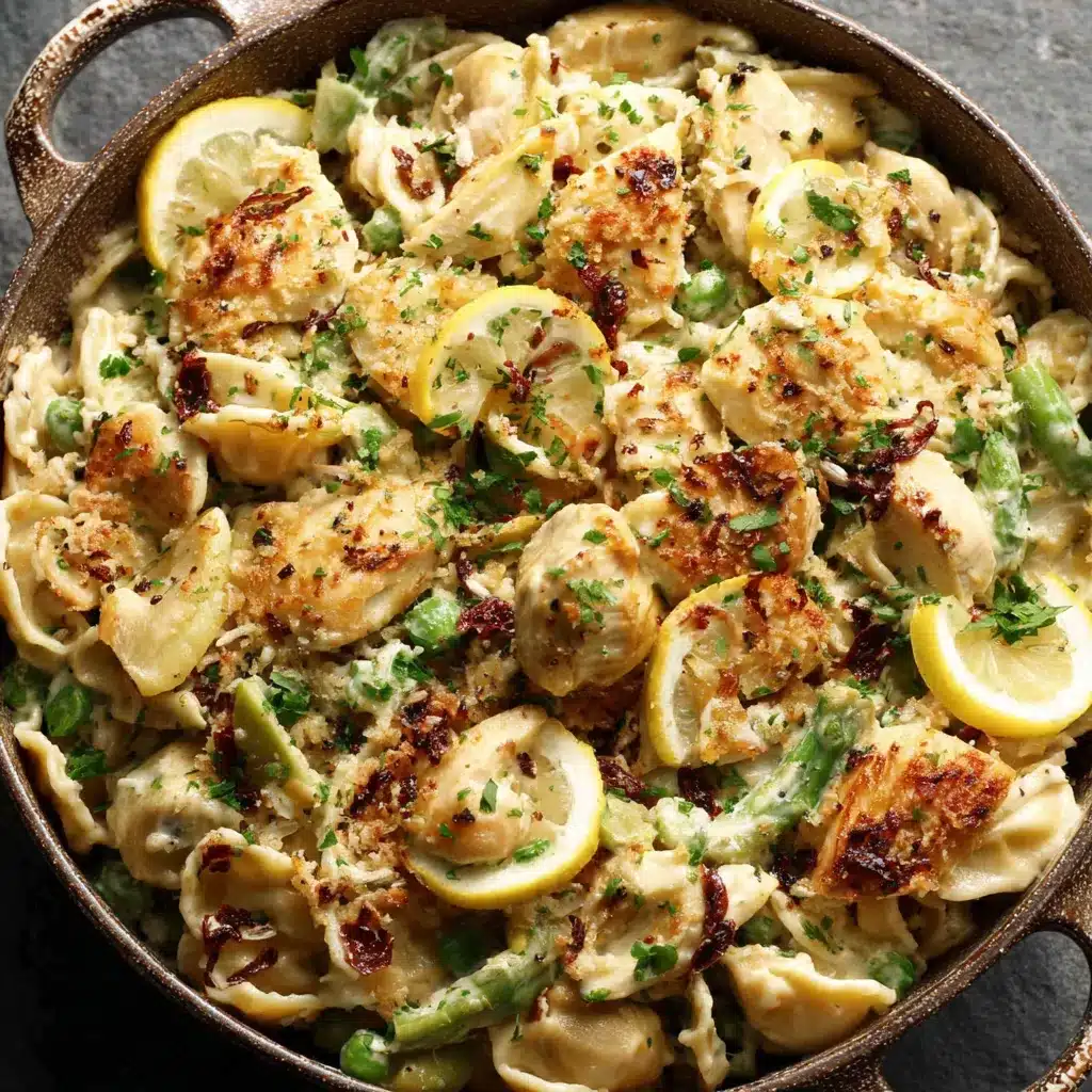 Creamy Lemon Chicken Pasta Bake A close-up shot of a freshly baked Creamy Lemon Chicken Pasta Bake shows its golden-brown top and creamy sauce.