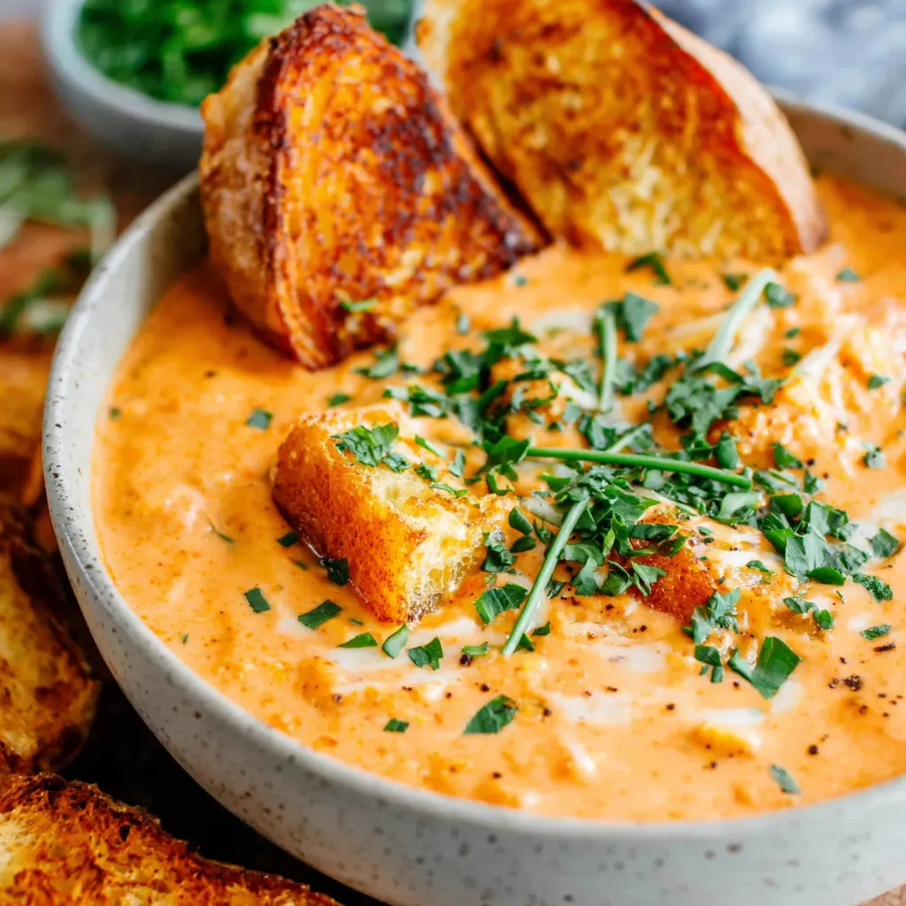 Creamy Potato Soup Recipe Close-Up A close-up shot showcases a steaming bowl of Creamy Potato Soup, highlighting its rich texture and garnished with fresh herbs.