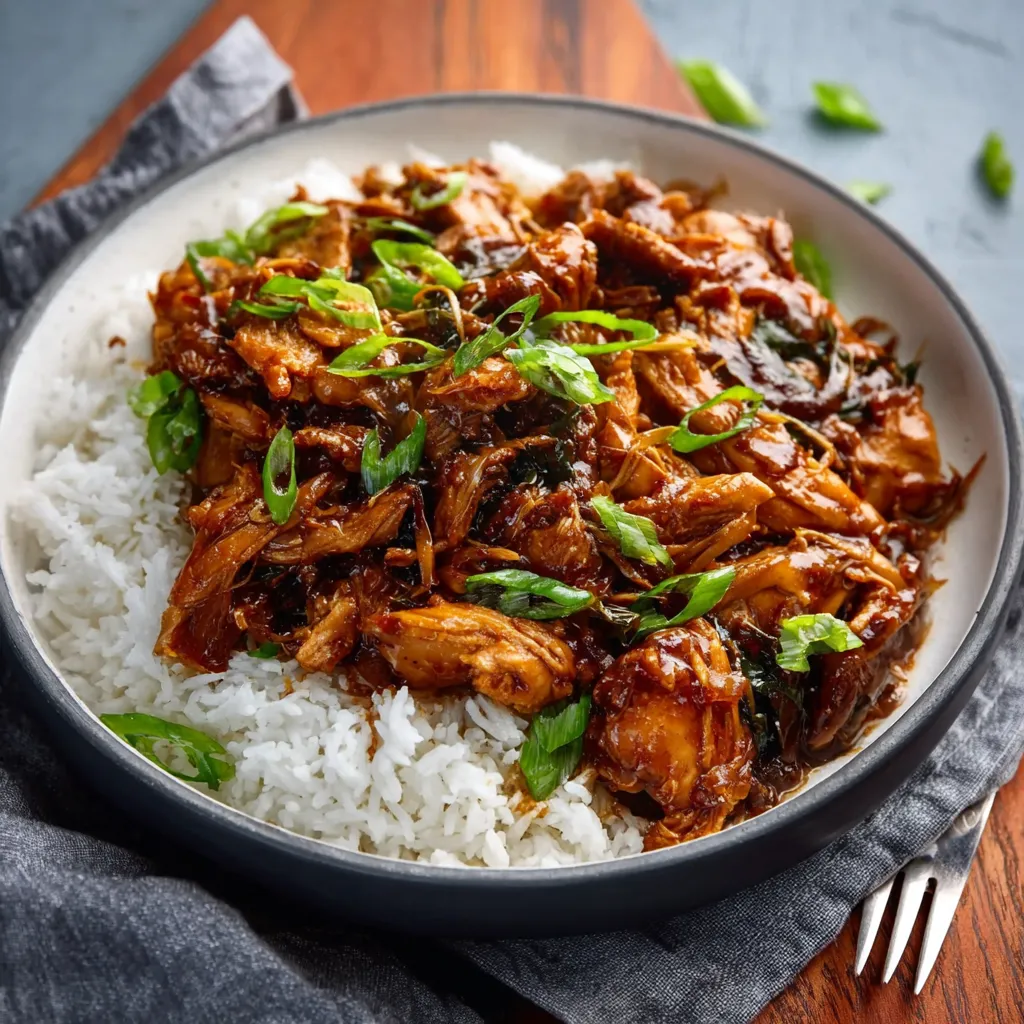 Easy Crock Pot Bourbon Chicken Recipe Close-up view of cooked Crock Pot Bourbon Chicken, showcasing its glistening sauce and tender chicken pieces.