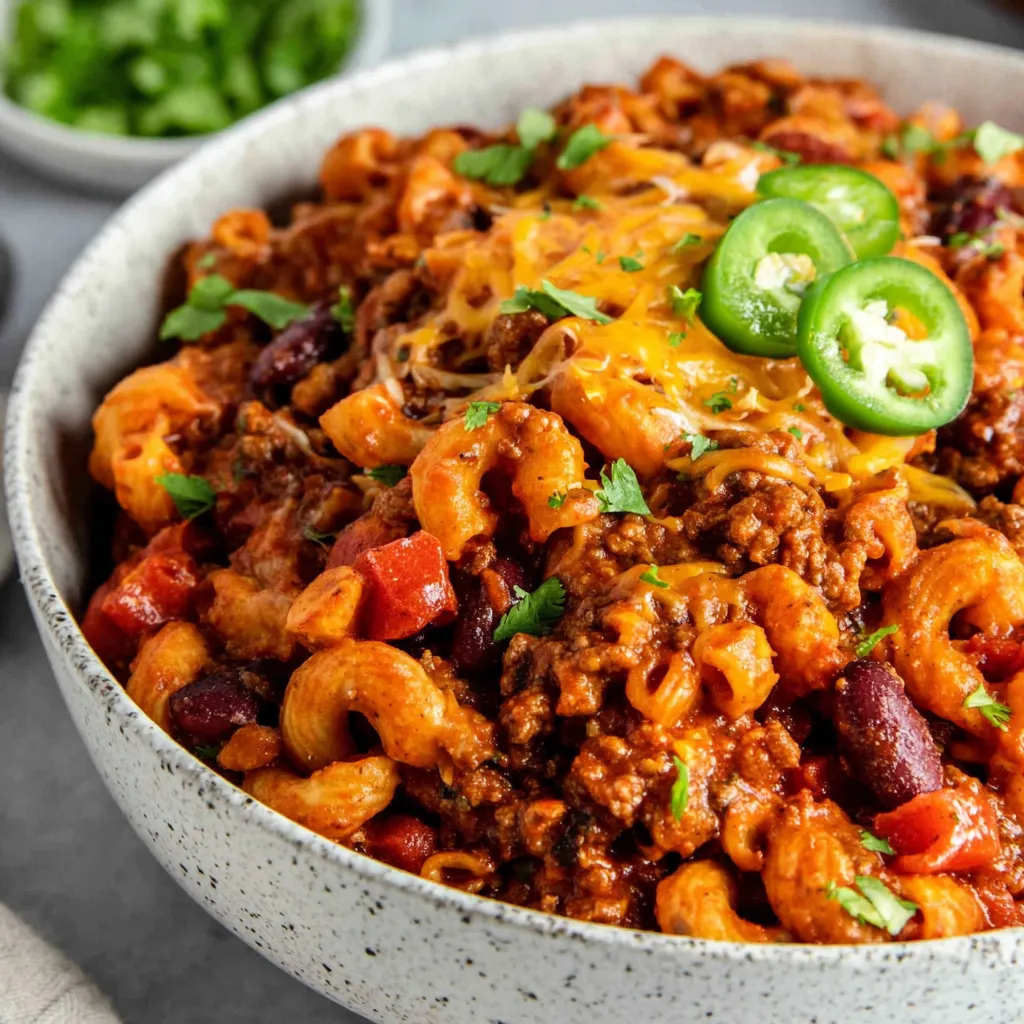Creamy Crock Pot Cheddar Chili Mac Close-up of a bowl of cheesy Crock Pot Cheddar Chili Mac, showcasing the rich, melted cheddar and hearty chili.