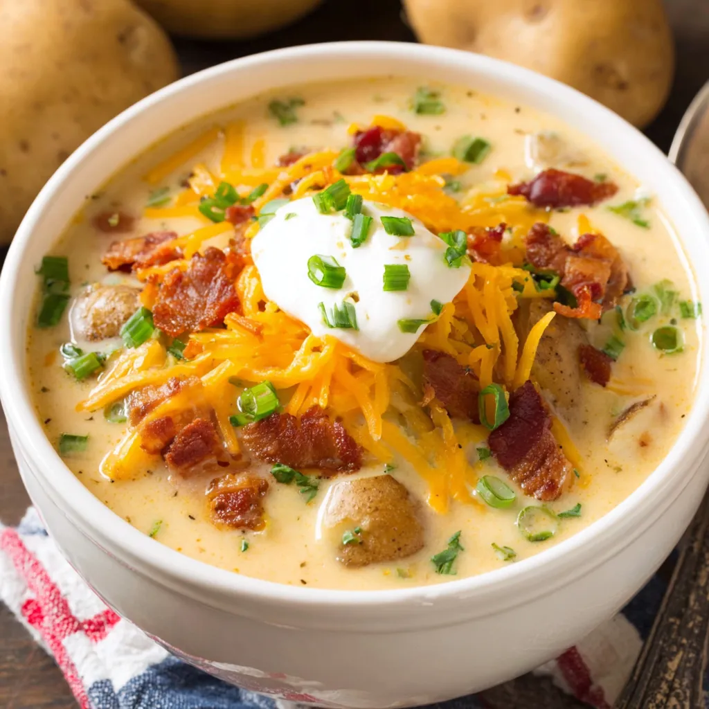 Creamy Baked Potato Soup Recipe Creamy Baked Potato Soup in a bowl, ready to be enjoyed as part of a comforting meal.