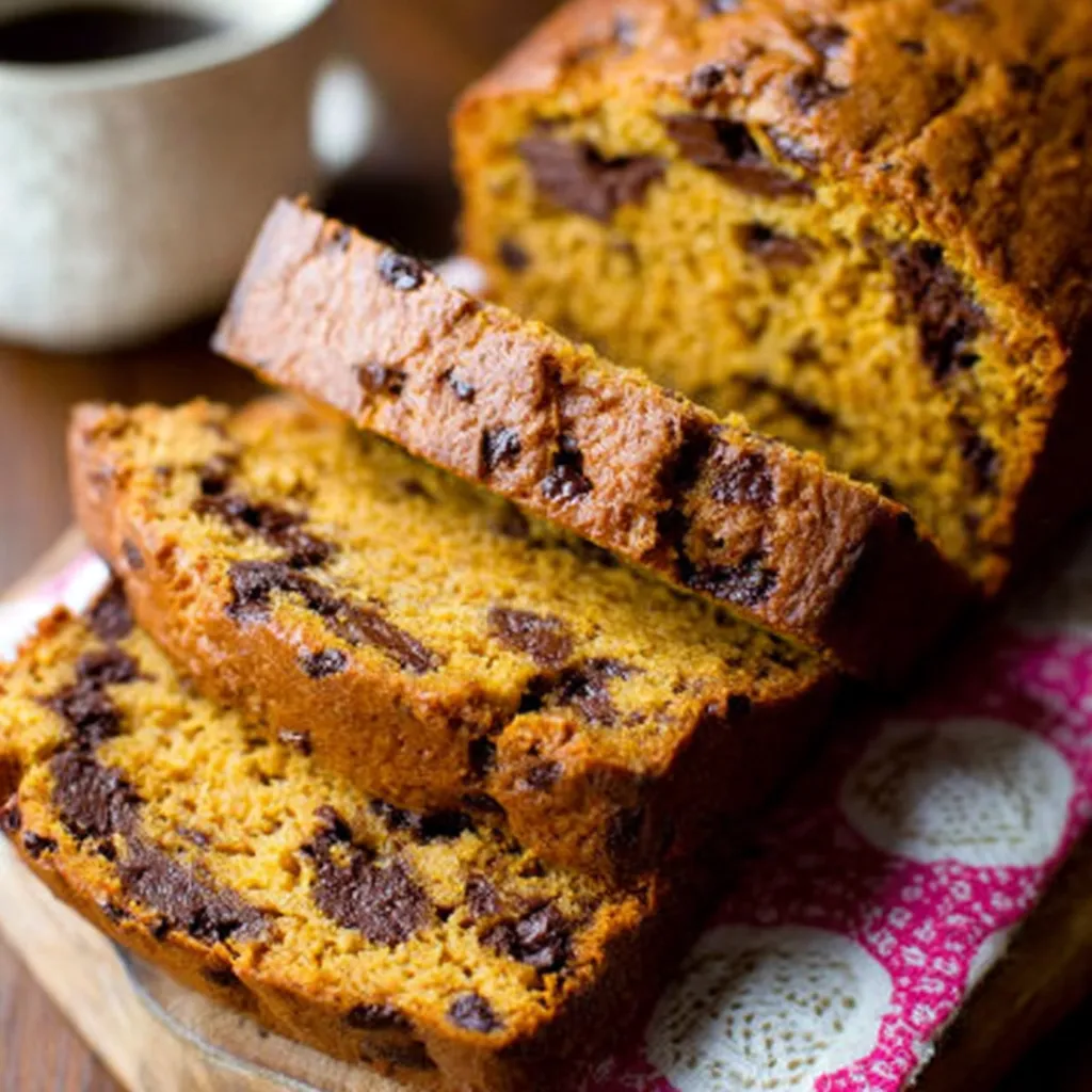 Pumpkin Chocolate Chip Bread Slice Close-up shot of a slice of moist and delicious Chocolate Chip Pumpkin Bread, showcasing the chocolate chips and pumpkin spice.