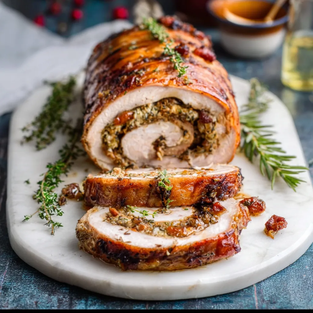 Christmas Pork Roast Stuffed & Ready Close-up of a juicy Christmas Stuffed Pork Roast with a savory stuffing, ready to be sliced and served.