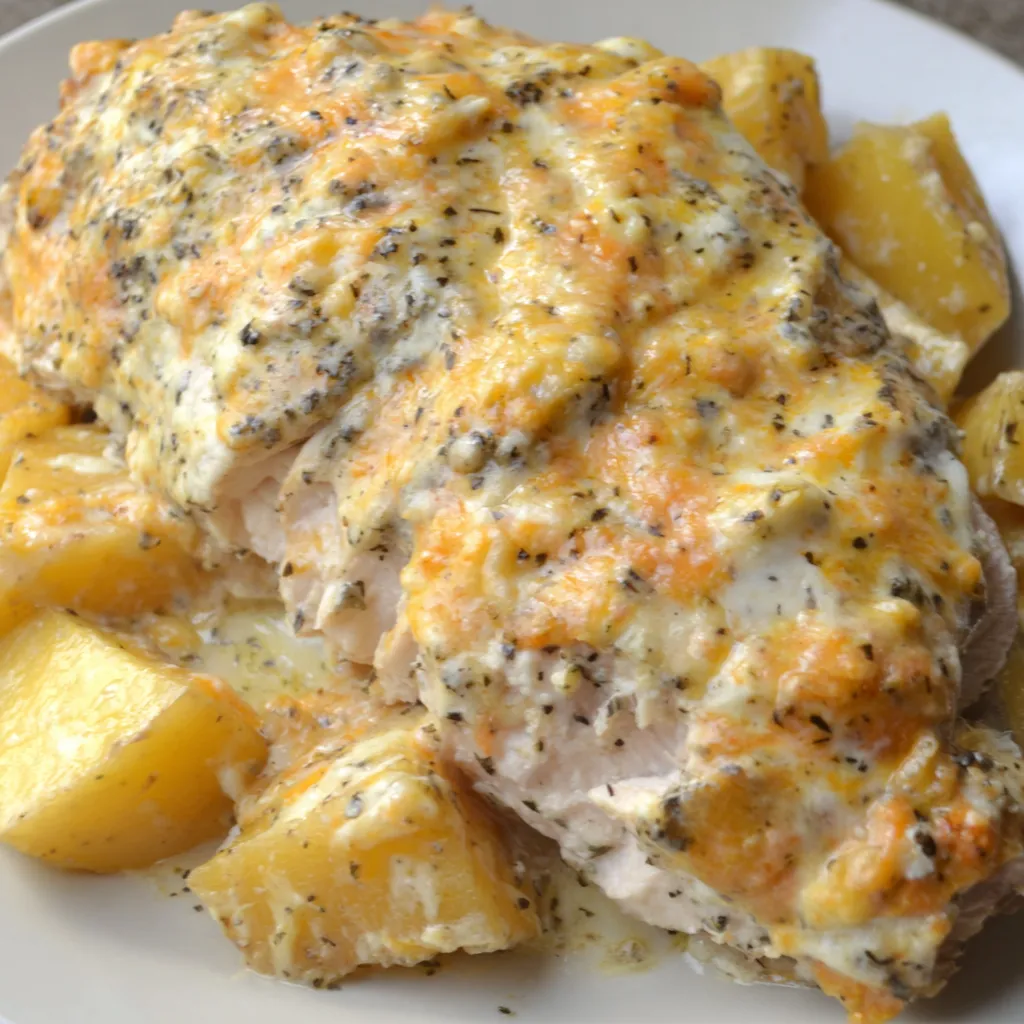Garlic Parmesan Chicken & Potatoes Close-up of creamy Garlic Parmesan Crockpot Chicken And Potatoes, showcasing the tender chicken and potatoes in a rich sauce.