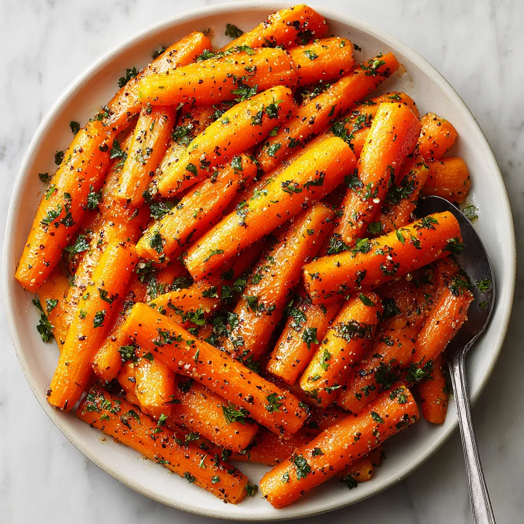 Honey Glazed Carrots Recipe Close-up of glistening orange Glazed Carrots in a serving dish, showcasing their sweet glaze.