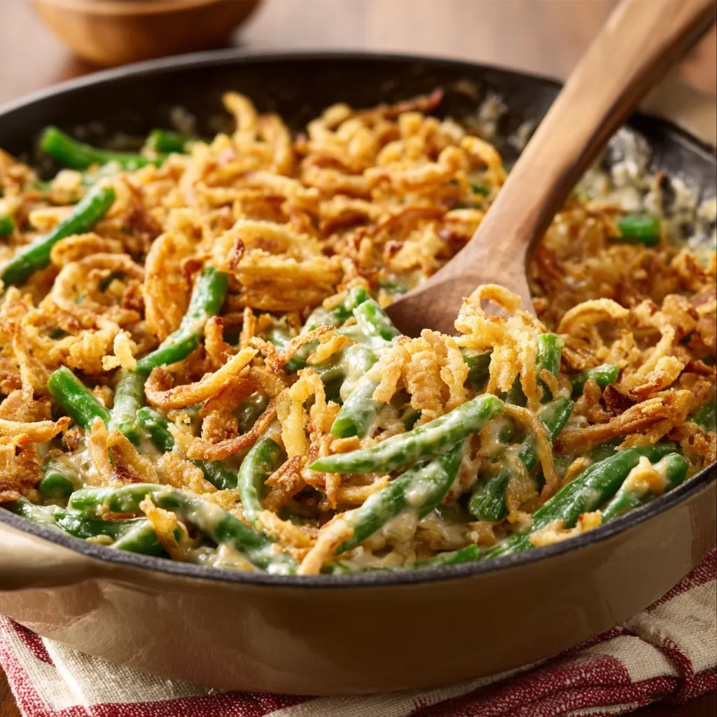 Creamy Green Bean Casserole Recipe A close-up shows a delicious Green Bean Casserole, ready to be served.