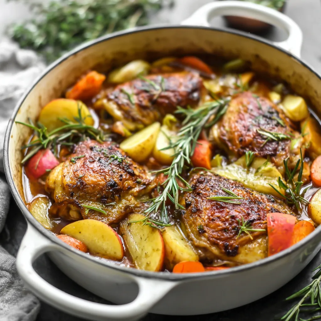 Rosemary Apple Cider Chicken Recipe Close-up shot of juicy Rosemary Apple Cider Chicken, showing its flavorful glaze and herbs.