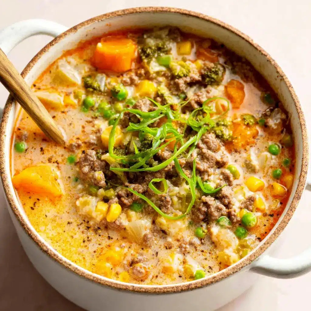 Hearty Shepherd's Pie Soup Recipe Close-up of a hearty bowl of Shepherd's Pie Soup, showcasing its rich broth, ground meat, and vegetable topping.