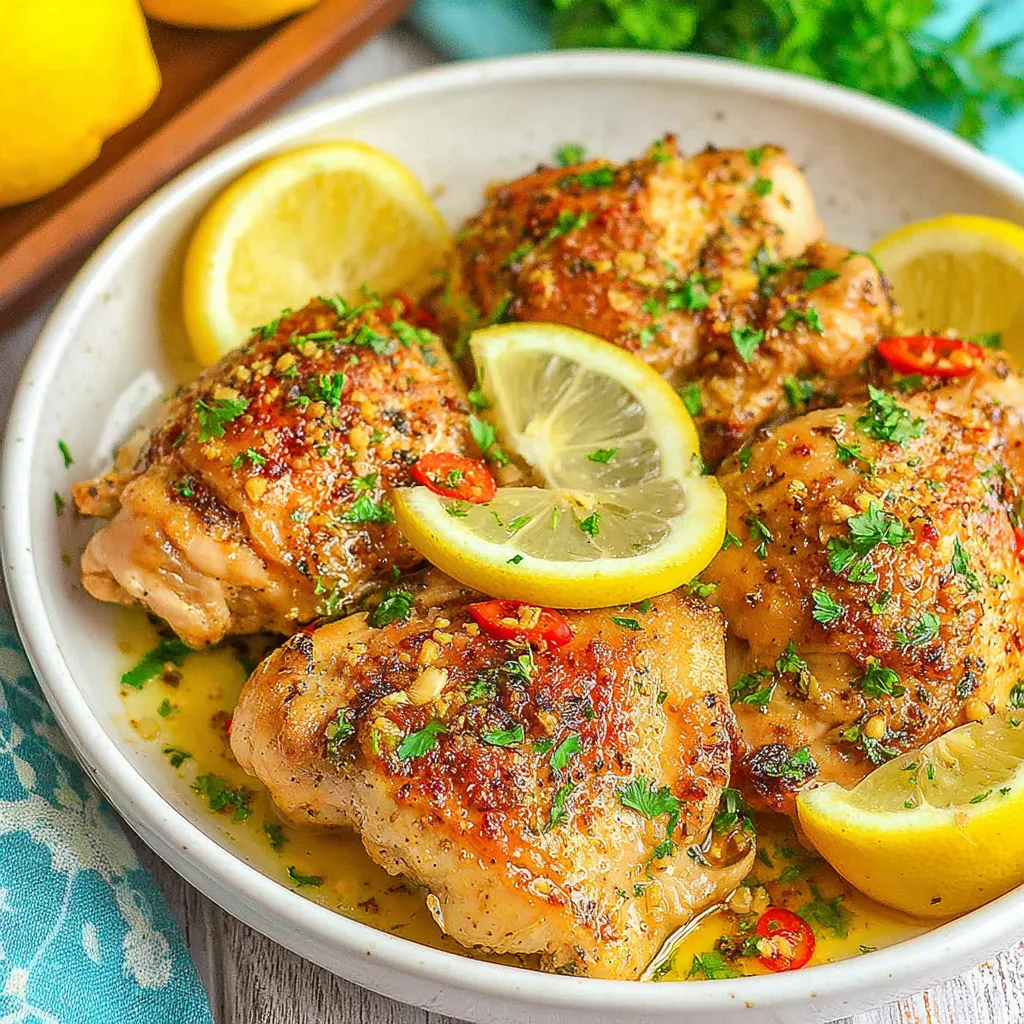Slow Cooker Lemon Garlic Chicken Recipe Close-up shot of juicy Slow Cooker Lemon Garlic Chicken served in a bowl, ready to eat.