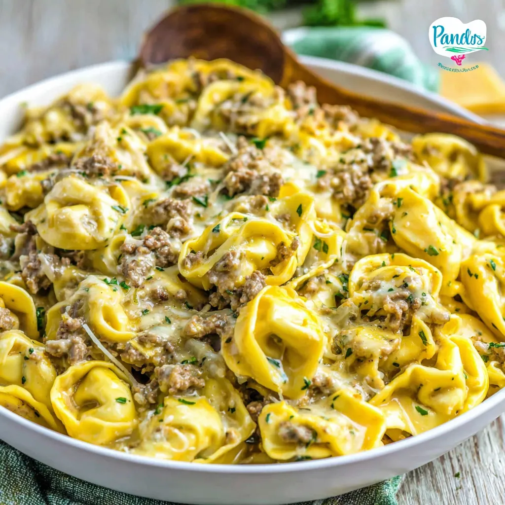 Slow Cooker Philly Cheesesteak Tortellini Close-up view of cheesy Slow Cooker Philly Cheesesteak Tortellini in a slow cooker, ready to be served.