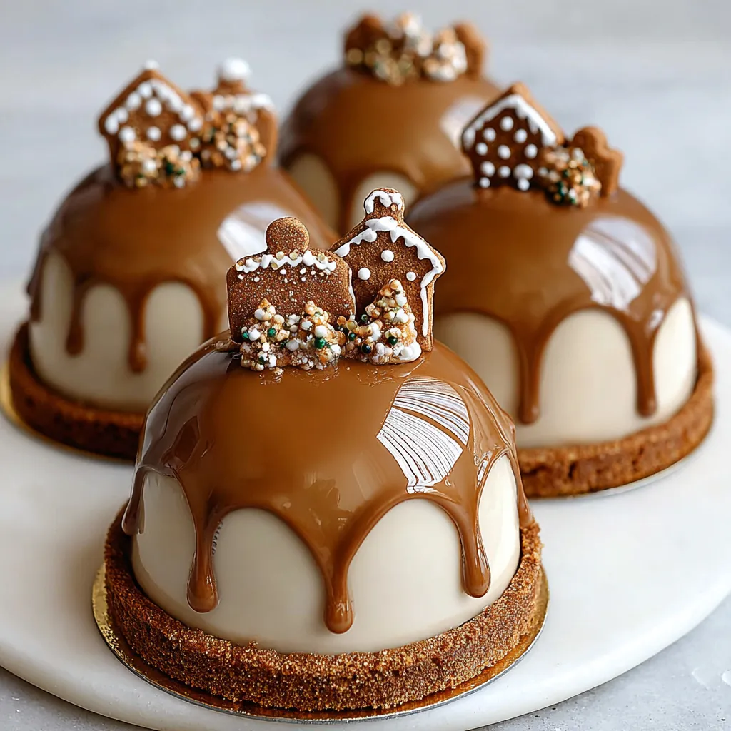 Gingerbread Latte Mousse Dome Recipe Detailed view of delectable Gingerbread Latte Mousse Domes, showcasing their layered texture and gingerbread cookie garnish.