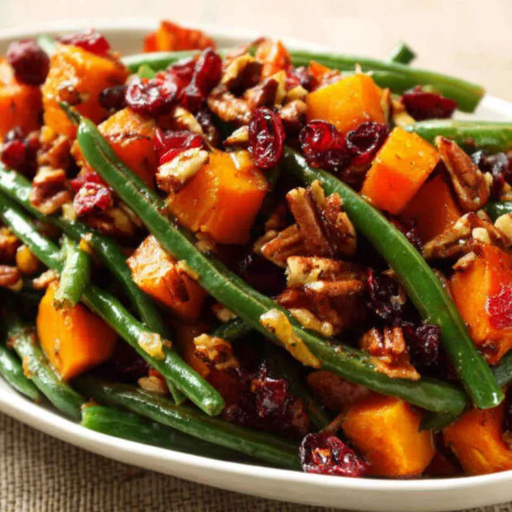 Green Beans & Butternut Squash Side Dish Close-up of a vibrant dish featuring Green Beans Butternut Squash, showcasing the textures and colors of this healthy side.