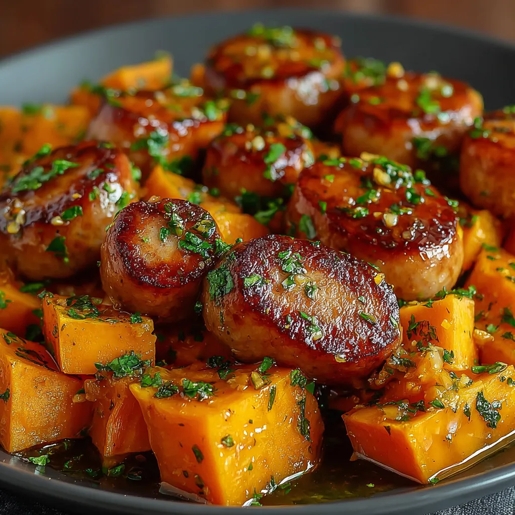 Honey Garlic Sausage Sweet Potatoes Close-up shot of delicious Honey Garlic Sausage Sweet Potatoes ready to be served.
