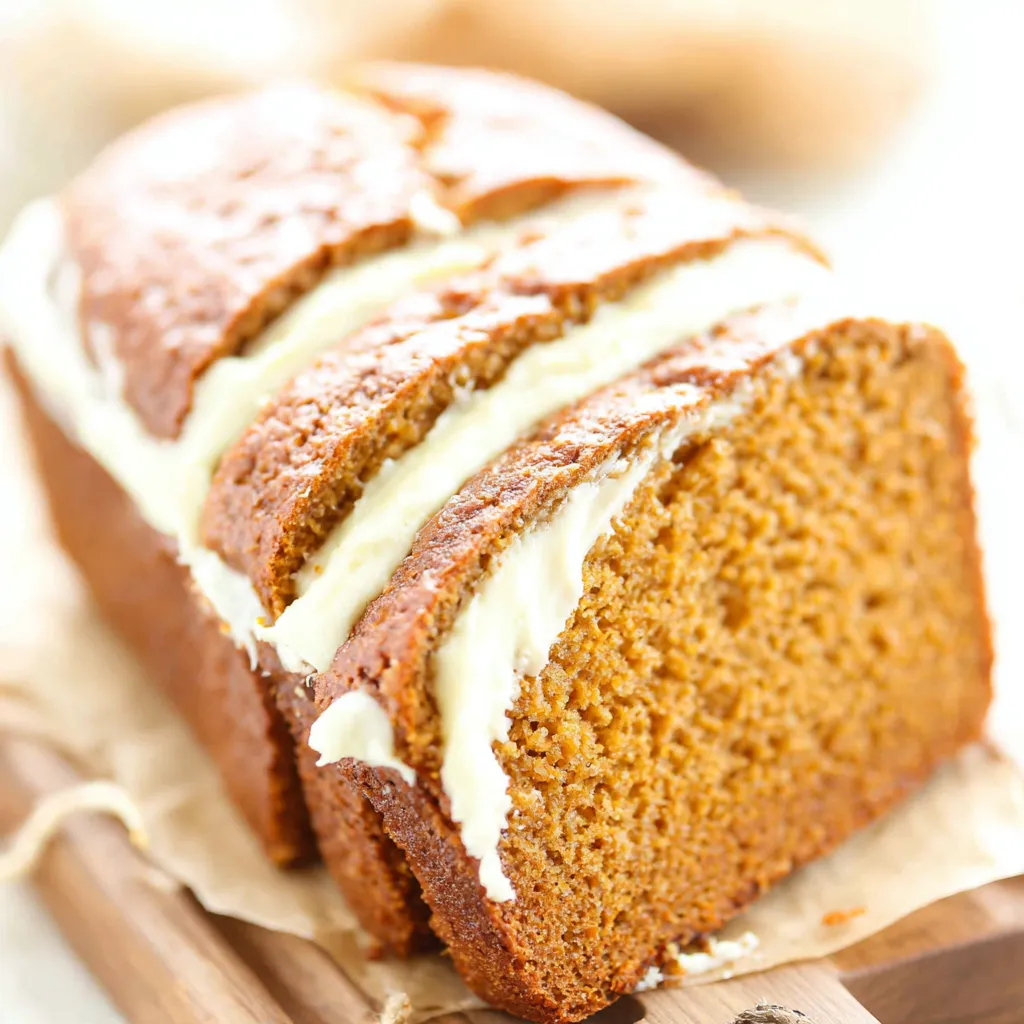 Cream Cheese Pumpkin Bread Swirl Close-up of a sliced Cream Cheese Swirl Pumpkin Bread showing the creamy swirl and moist pumpkin crumb.