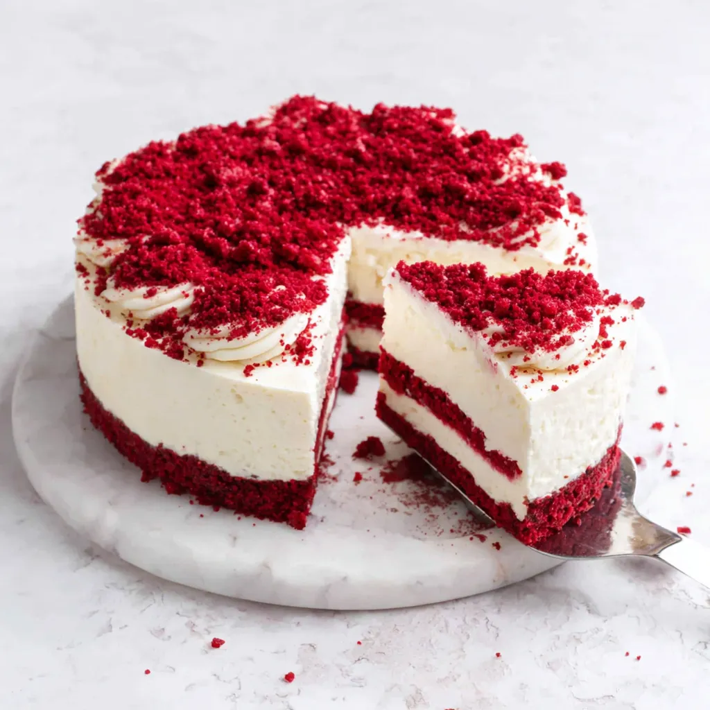 Red Velvet Cheesecake Slice Close-up view of a decadent slice of Red Velvet Cheesecake, showcasing its creamy layers and vibrant color.