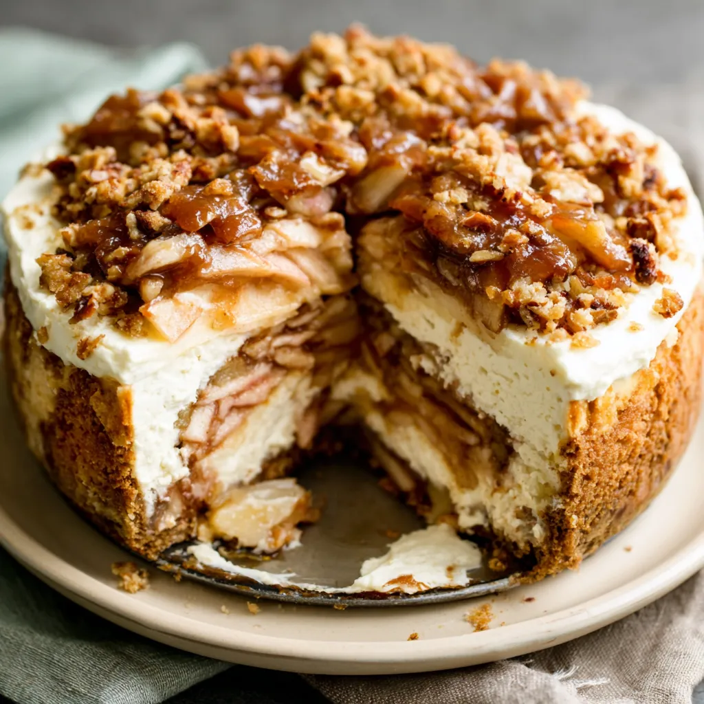 Salted Caramel Apple Pie Cheesecake Slice A delicious slice of Salted Caramel Apple Pie Cheesecake is pictured, showcasing its creamy layers and apple filling.