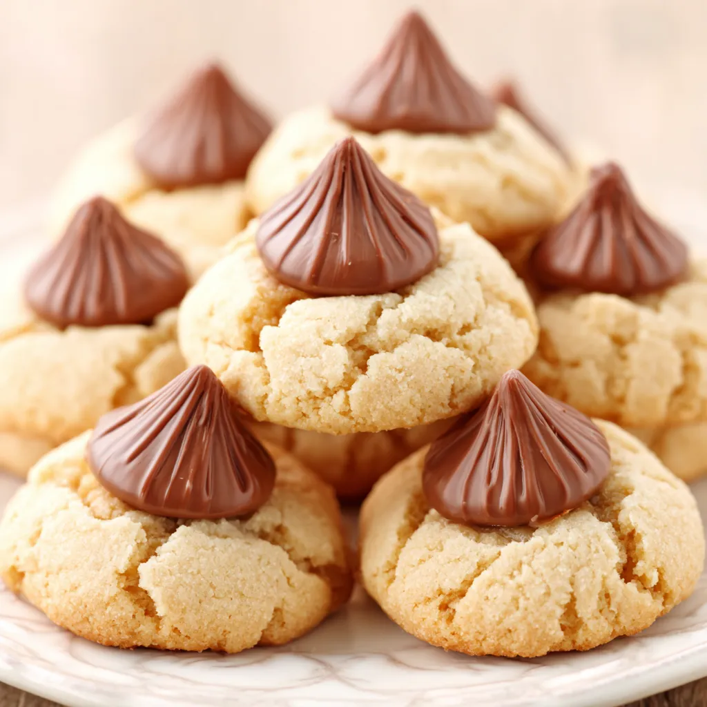 Peanut Butter Kiss Cookie Recipe Close-up shows a freshly baked Peanut Butter Kiss Cookie with a chocolate Hershey's Kiss pressed into the center.
