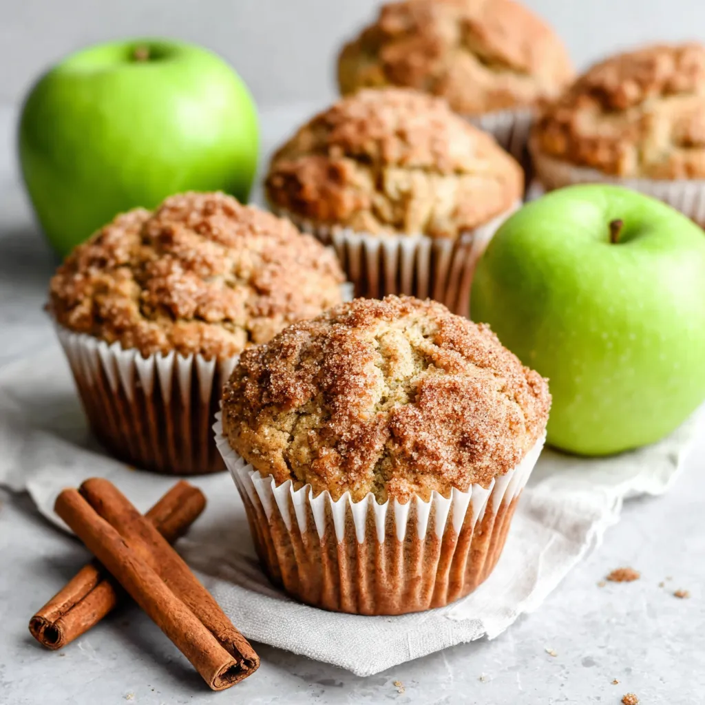 Apple Cinnamon Muffin Close-Up Close-up shot of freshly baked Apple Cinnamon Muffins, showcasing their golden-brown tops and visible apple chunks.