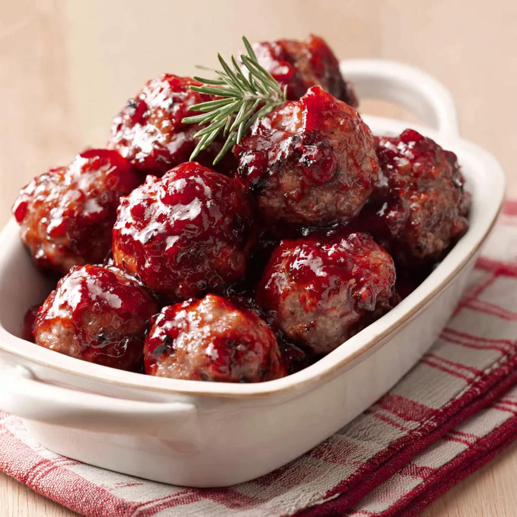 Festive Cranberry Meatballs Recipe Close-up view of glistening Christmas Cranberry Meatballs served as a festive appetizer.