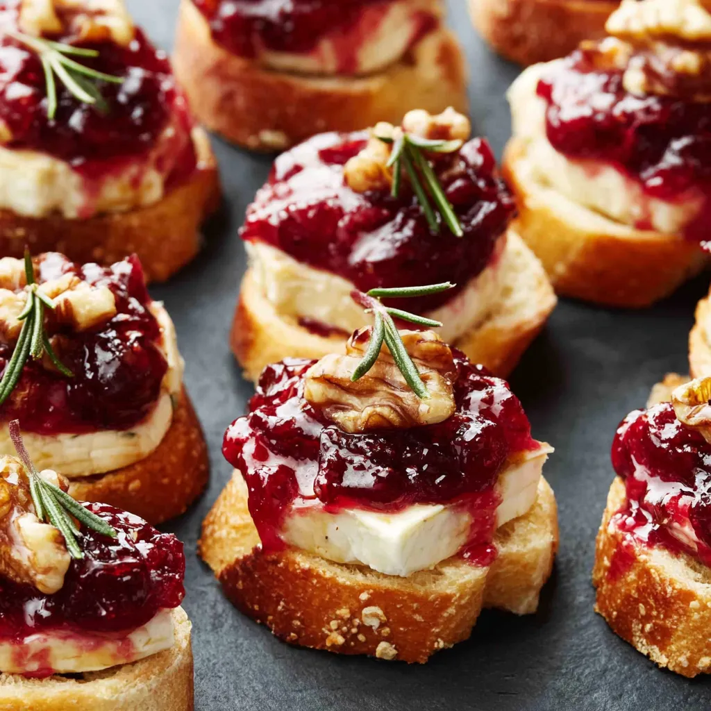Easy Cranberry Brie Bites Appetizer Close-up of delicious Cranberry Brie Bites with melted brie and vibrant cranberries, ready to be served.
