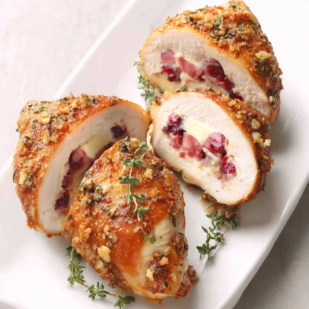 Cranberry Brie Chicken Breast Recipe Close-up view of a perfectly cooked Cranberry Brie Stuffed Chicken Breast, showcasing the melted brie and cranberry filling.