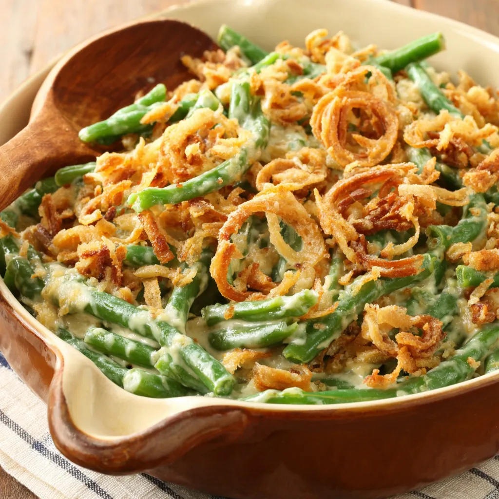 Creamy Green Bean Casserole Recipe A close-up shot of a freshly baked Green Bean Casserole showcases its golden-brown topping and creamy sauce.