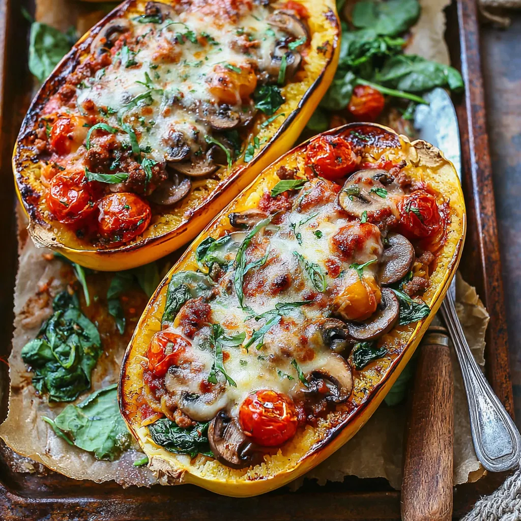 Sausage Stuffed Spaghetti Squash Close-up of flavorful Italian Sausage Stuffed Spaghetti Squash Boats, showcasing the savory filling and tender squash strands.