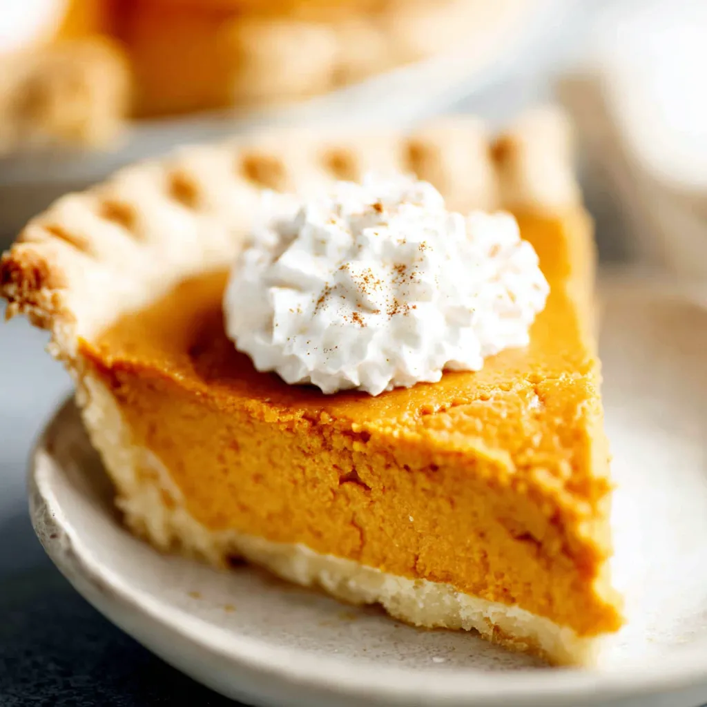 Homemade Pumpkin Pie Delight A slice of homemade Pumpkin Pie sits on a plate, showcasing its creamy filling and flaky crust.