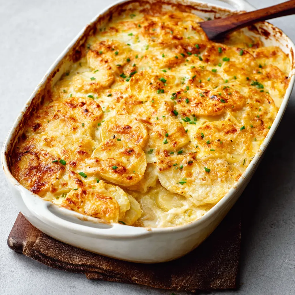 Creamy Scalloped Potatoes Recipe Close-up view of creamy Scalloped Potatoes, showcasing their golden-brown top and tender potato slices.