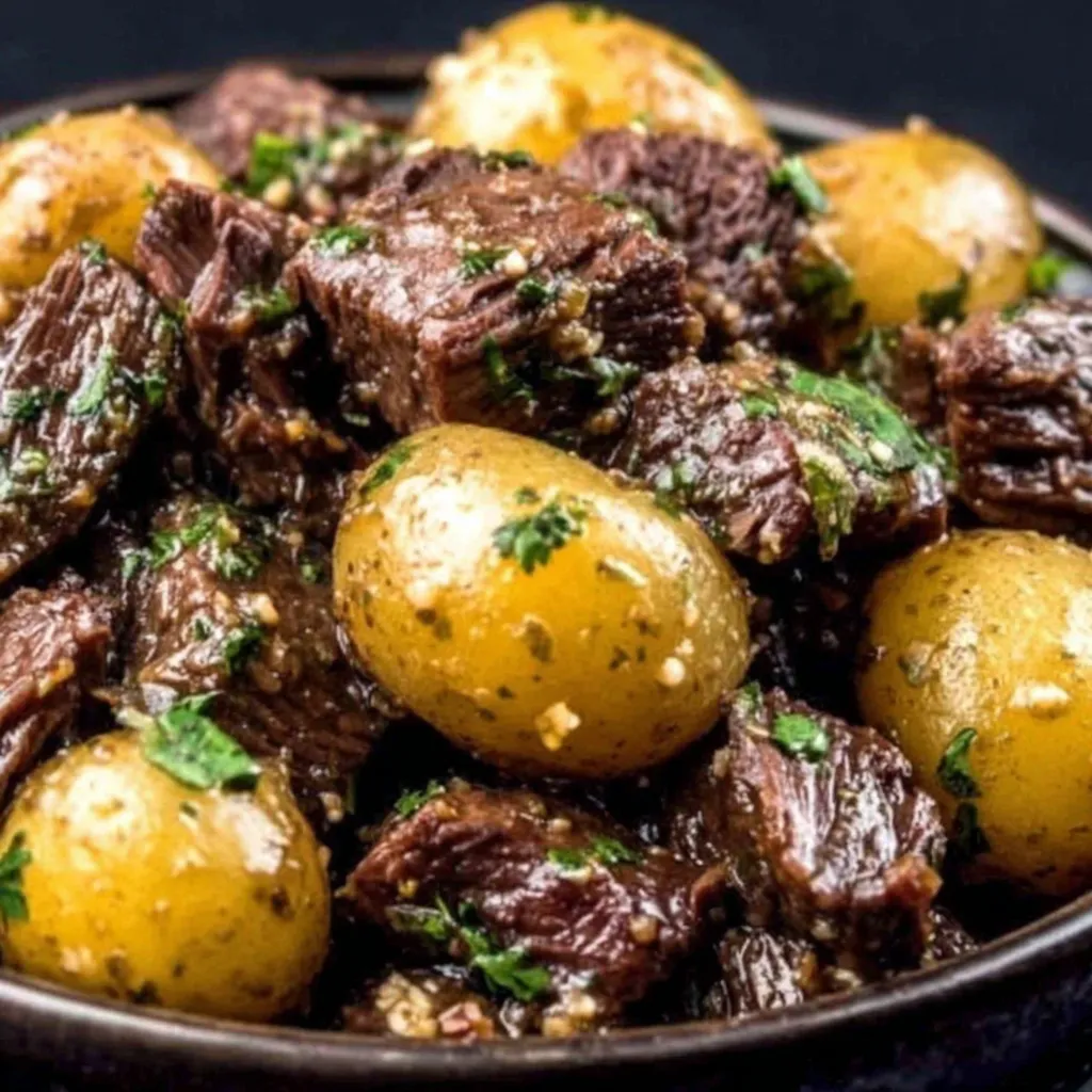 Garlic Butter Beef Bites & Potatoes Close-up view of tender Slow Cooker Garlic Butter Beef Bites With Potatoes, showcasing the rich garlic butter sauce and perfectly cooked potatoes.