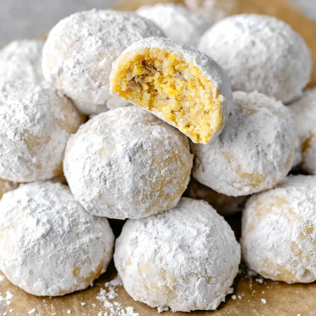 Snowball Cookies Recipe Closeup Golden Snowball Cookies arranged beautifully for a second look at this classic holiday treat.