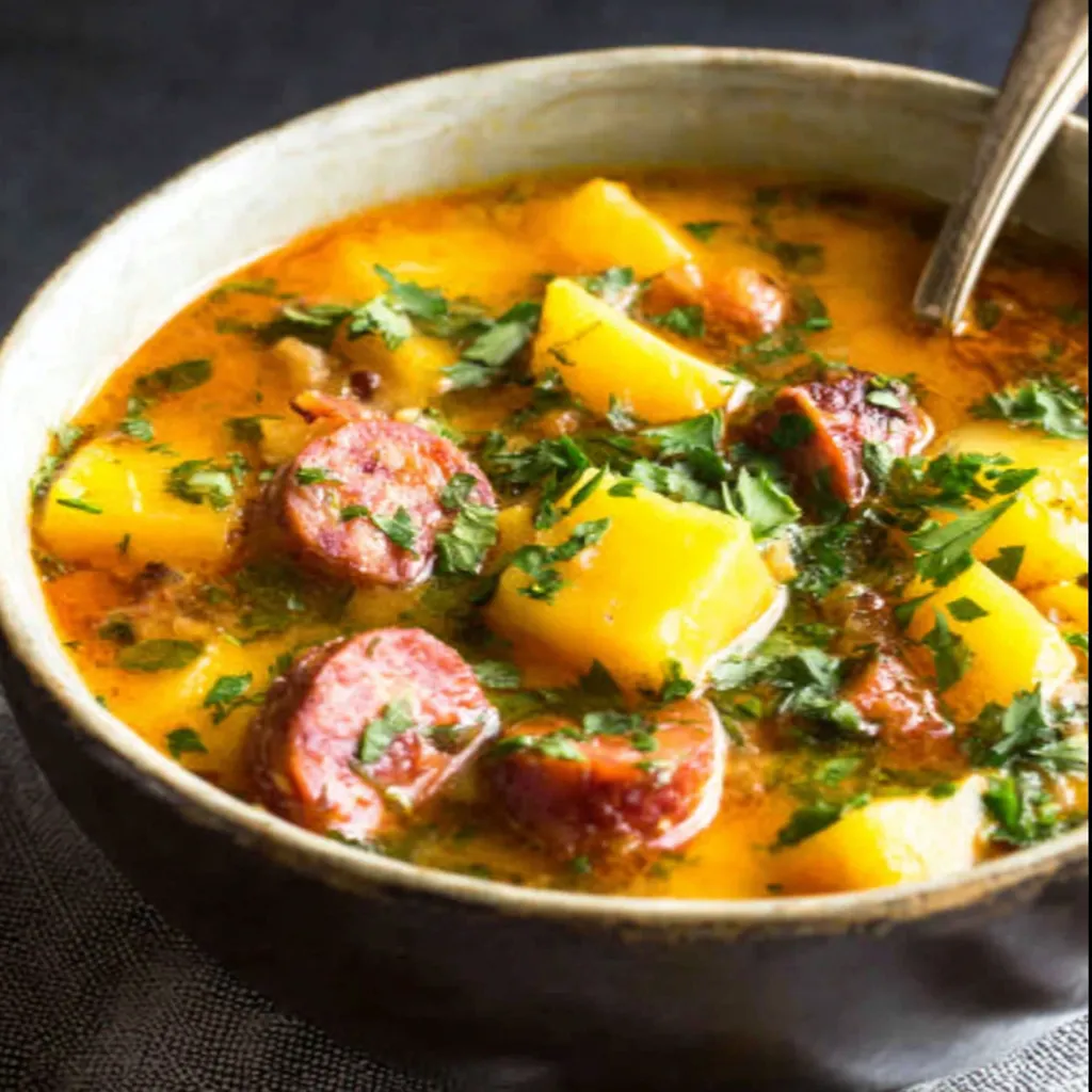 Spanish Potato Soup Close Up Close-up view of a bowl of hearty Spanish Potato Soup, showcasing its rich broth and colorful vegetables.