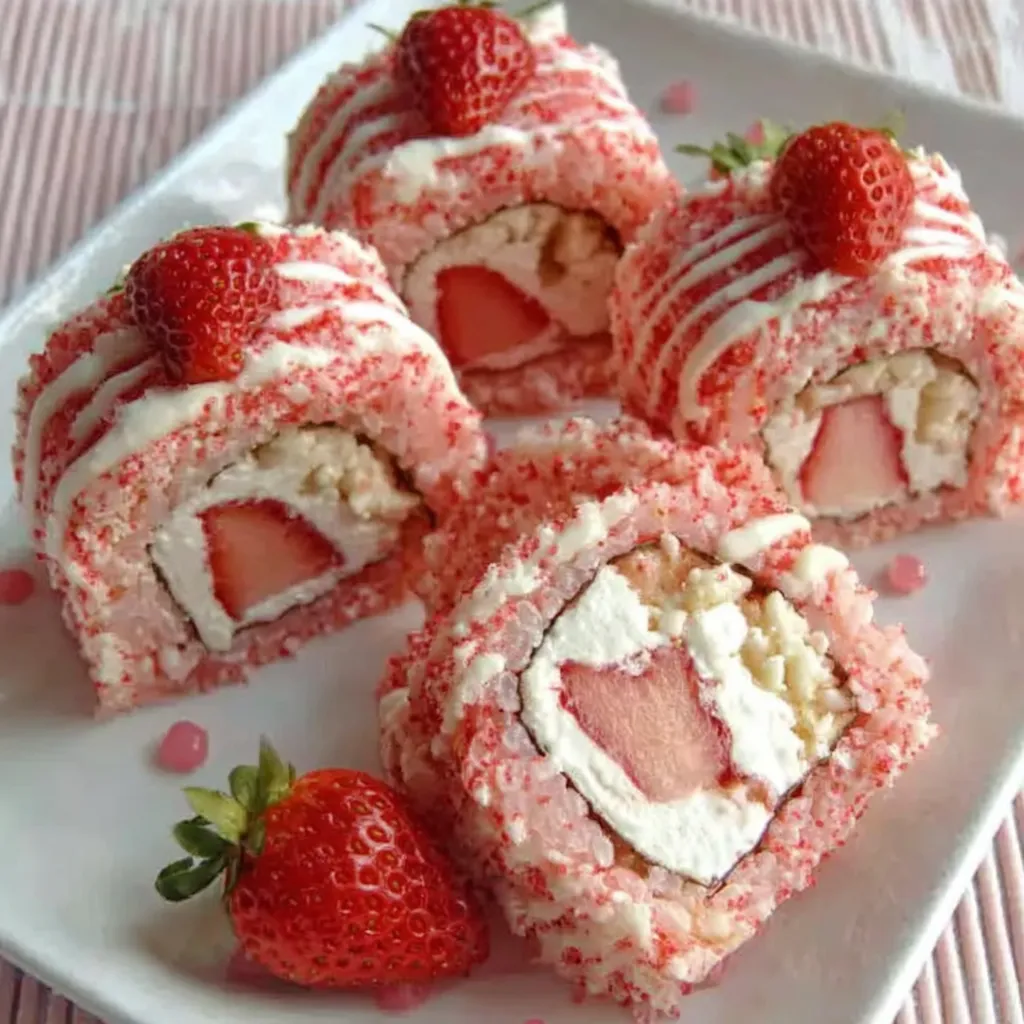 Strawberry Shortcake Sushi Roll Recipe Close-up showcasing the delightful presentation of Strawberry Shortcake Sushi Rolls.