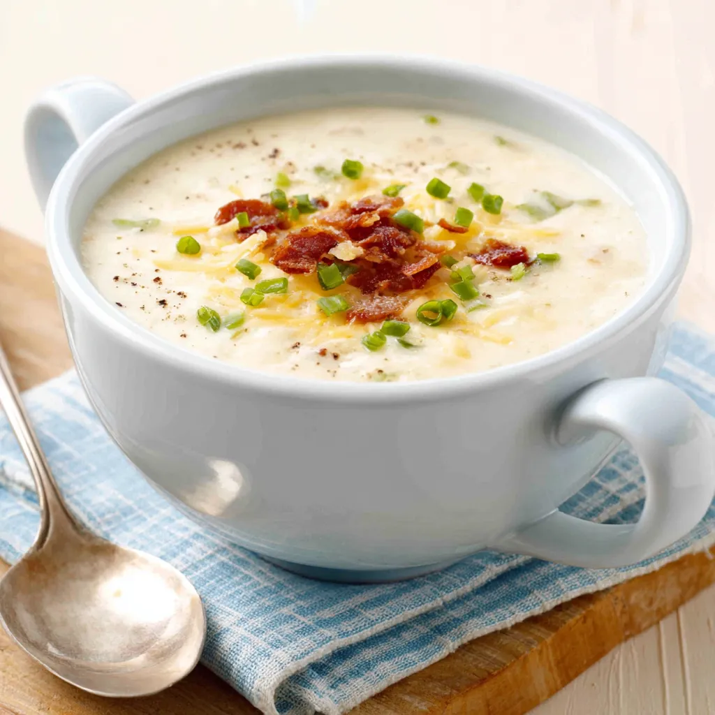 Creamy Baked Potato Soup Recipe Close-up shot of creamy Baked Potato Soup, showcasing its rich texture and garnished toppings.