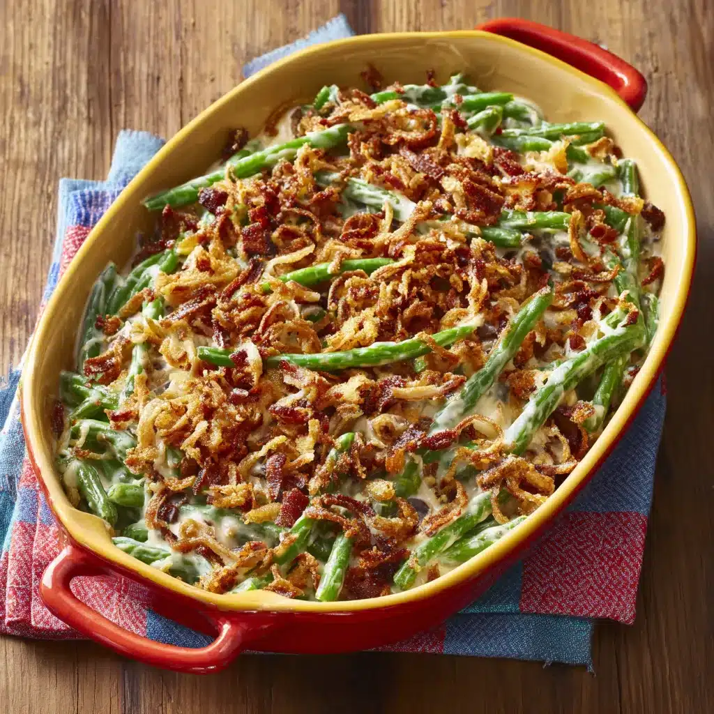 Creamy Green Bean Casserole Recipe A close-up shot showcases a delicious Green Bean Casserole with a crispy fried onion topping, ready to be served.