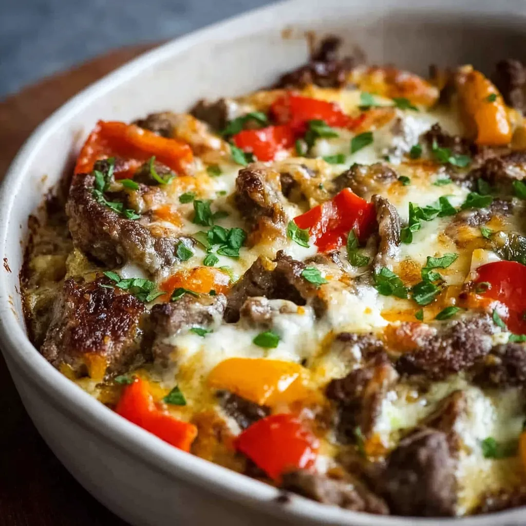 Philly Cheesesteak Casserole Recipe Close-up of a freshly baked Philly Cheesesteak Casserole, showcasing its melted cheese and savory toppings.