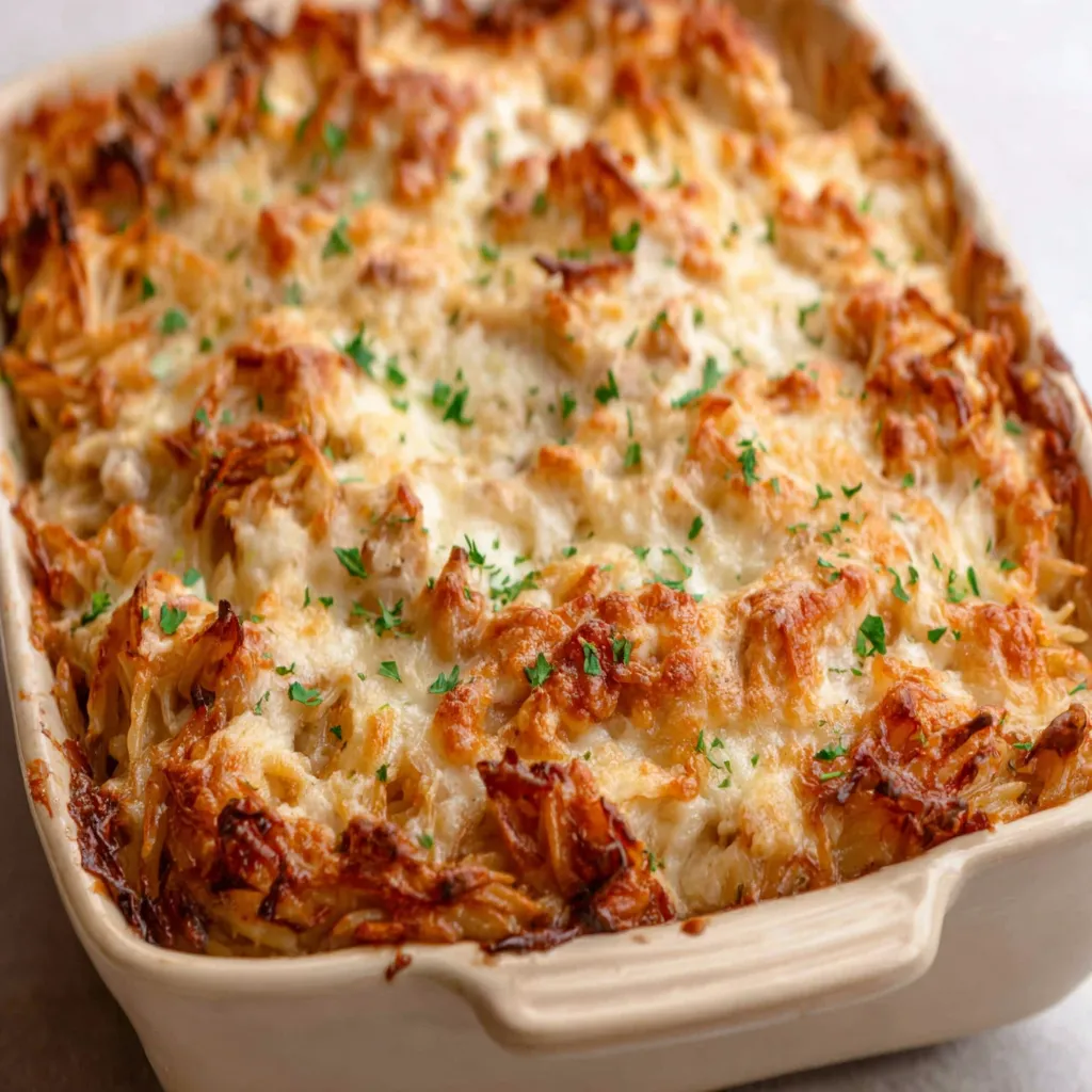 French Onion Chicken Orzo Casserole featured image shows a bubbly, golden-brown casserole dish filled with creamy orzo pasta, chicken, and caramelized onions.