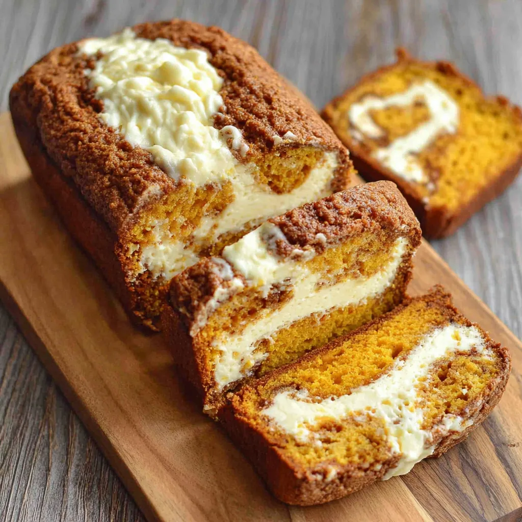 Close-up shot of a delicious Pumpkin Cream Cheese Swirl Bread showing the swirls of cream cheese and pumpkin.