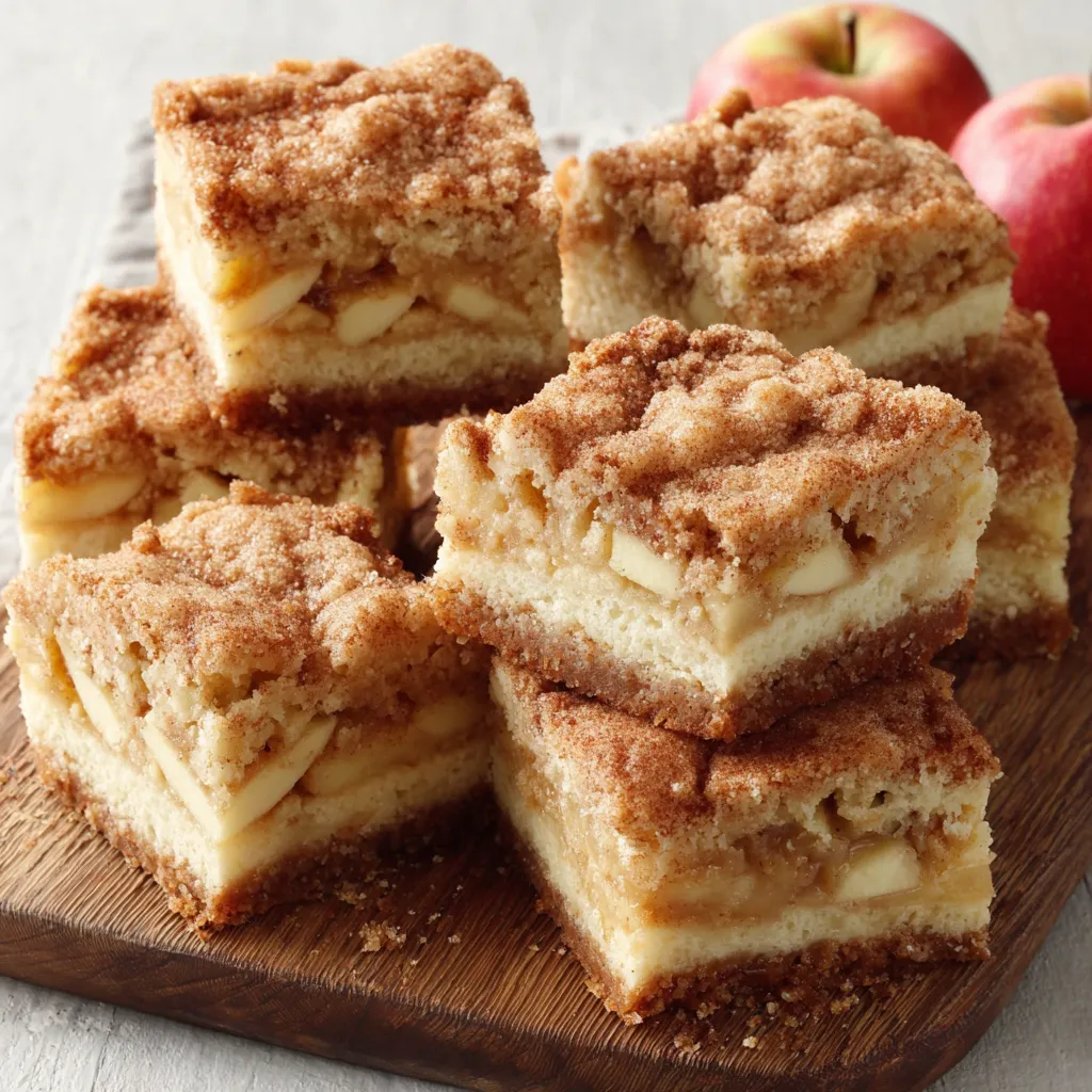 A close-up shot showcasing the golden-brown, cinnamon-sugar topped Apple Snickerdoodle Bars, perfect for a fall treat.