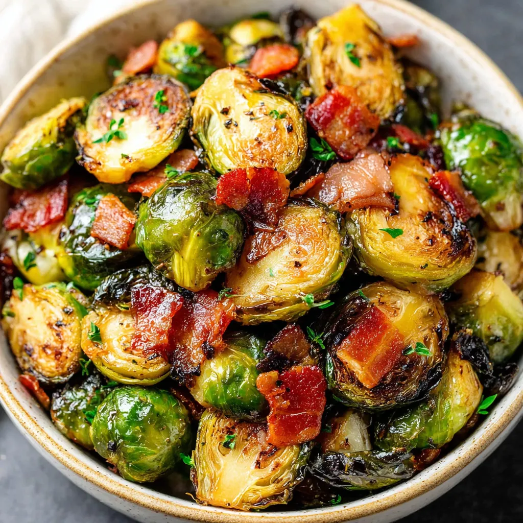 Delicious Bacon Brussels Sprouts are the star of this featured image, showcasing their crispy bacon and tender sprouts.