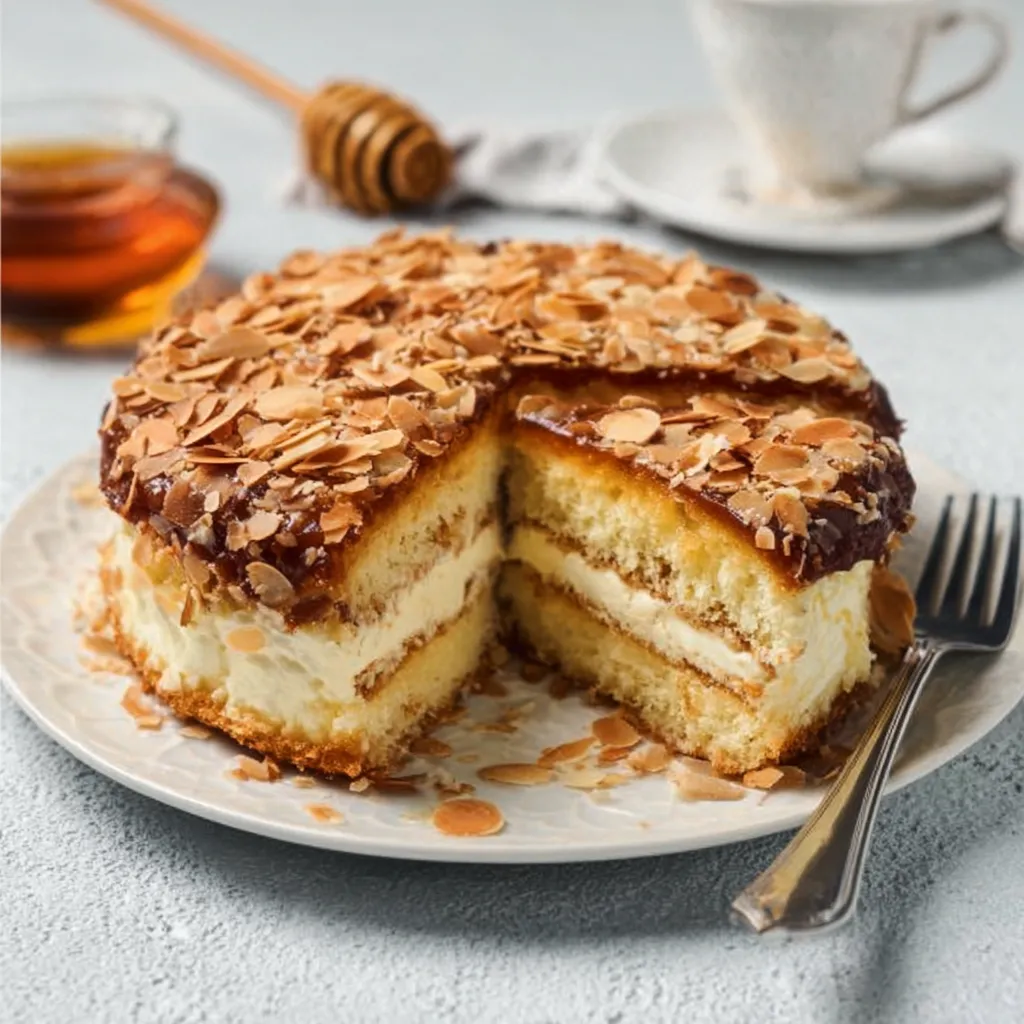 A close-up featured image showcasing a delicious slice of Bee Sting Cake Bienenstich with its signature honey and almond topping.