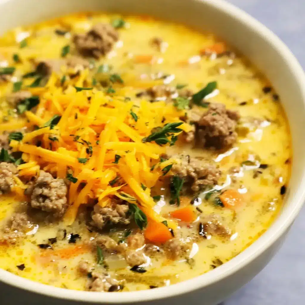 Close-up of creamy Cheeseburger Soup in a bowl, perfect for a comforting meal.