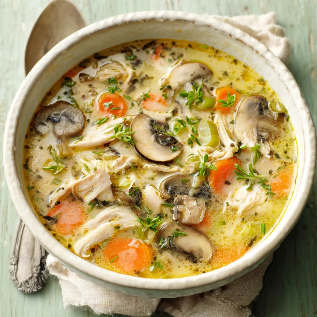A comforting bowl of homemade Chicken Mushroom Soup is shown as the featured image for this delicious recipe.