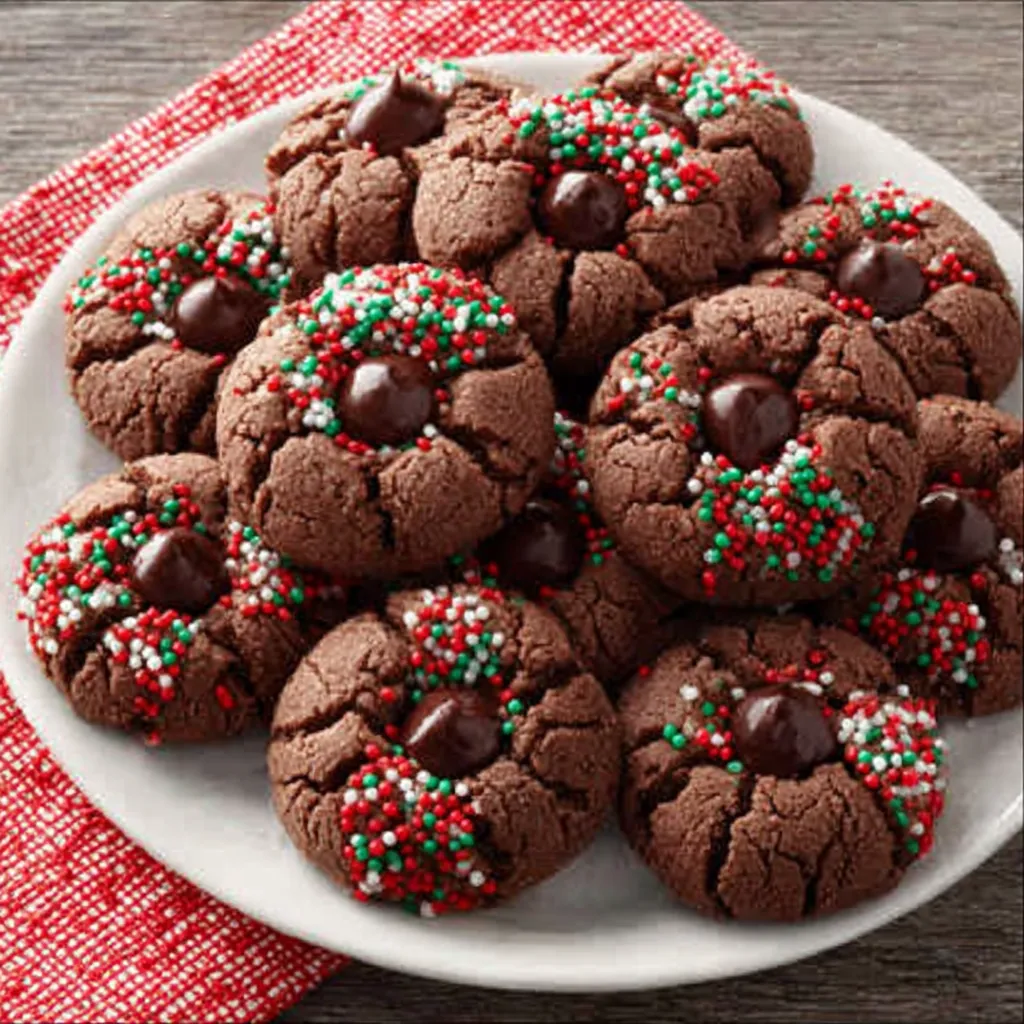 Close-up of delicious Chocolate Thumbprint Cookies, perfect for holiday baking.