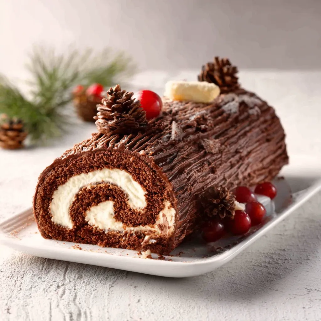 A decadent Chocolate Yule Log Cake adorned with powdered sugar and chocolate shavings is displayed as a featured image.