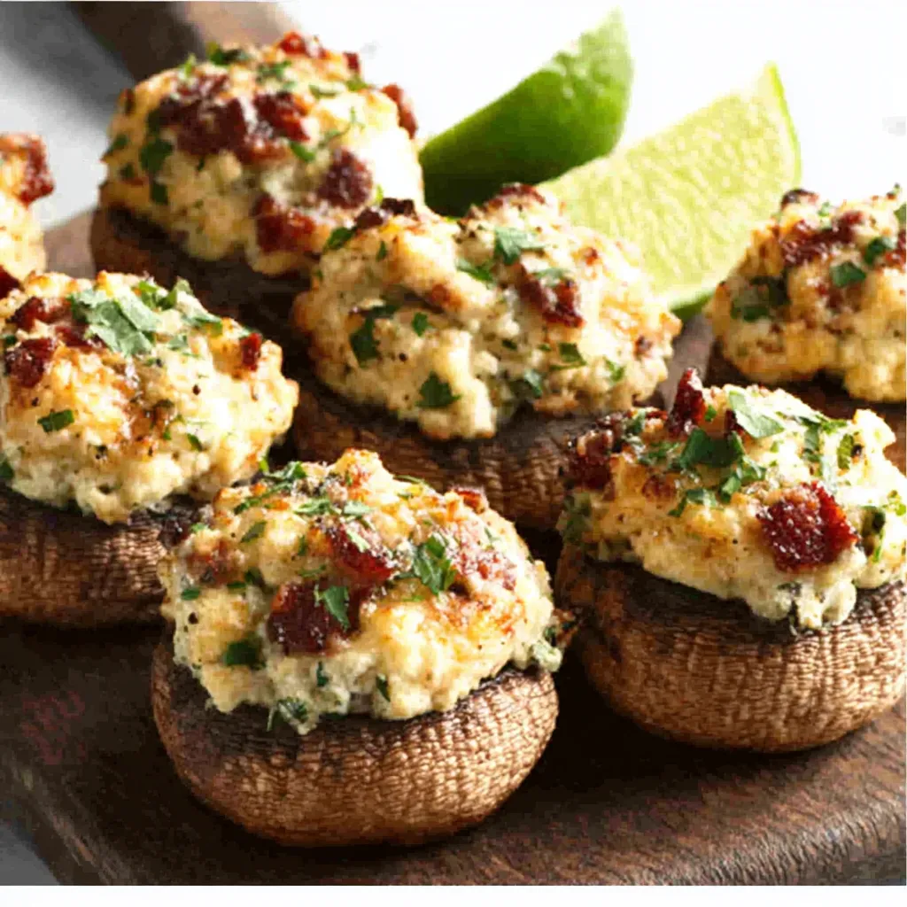 Christmas Stuffed Mushrooms plated as the featured image for a holiday appetizer recipe.