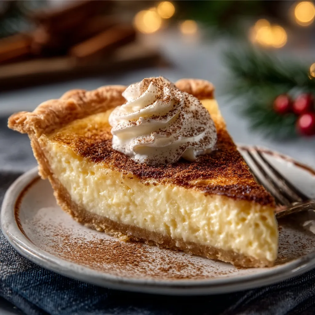A slice of creamy Cinnamon Vanilla Custard Pie sits on a plate, showcasing its golden-brown crust and rich filling.